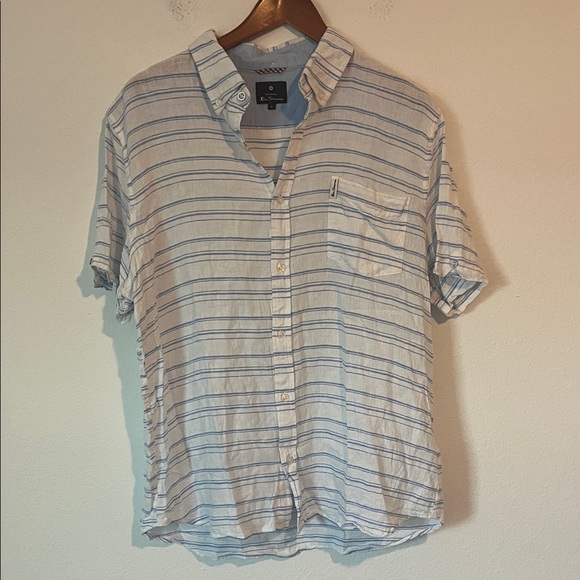 BEN SHERMAN Blue & White Striped Linen Blend Short Sleeve Button Down Shirt - Picture 1 of 4